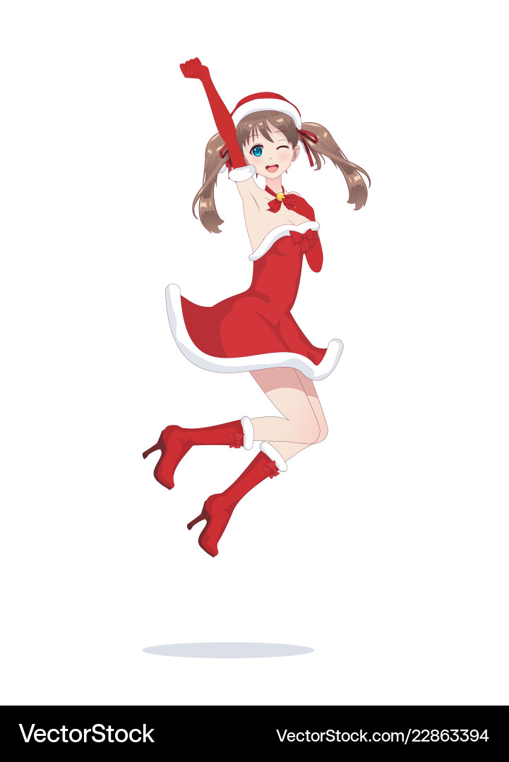 Joyful anime manga girl as santa claus in a jump Joyful anime manga girl as santa claus in a jump vector image