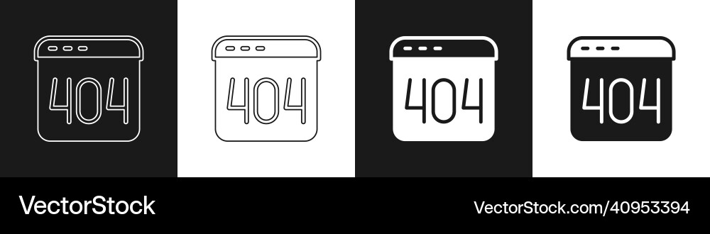 Set page with a 404 error icon isolated on black Set page with a 404 error icon isolated on black vector image