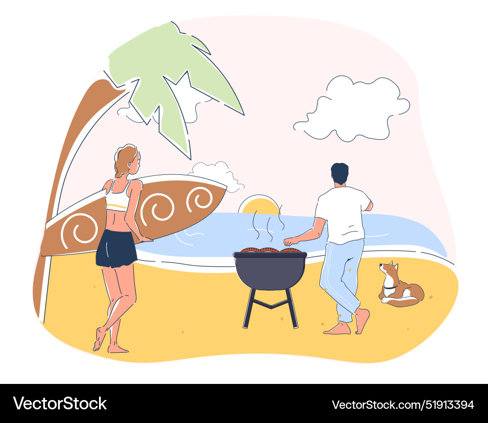 Surfer am Strand Frau mit Surfboard und Mann Surfer am Strand Frau mit Surfboard und Mann vektorbild