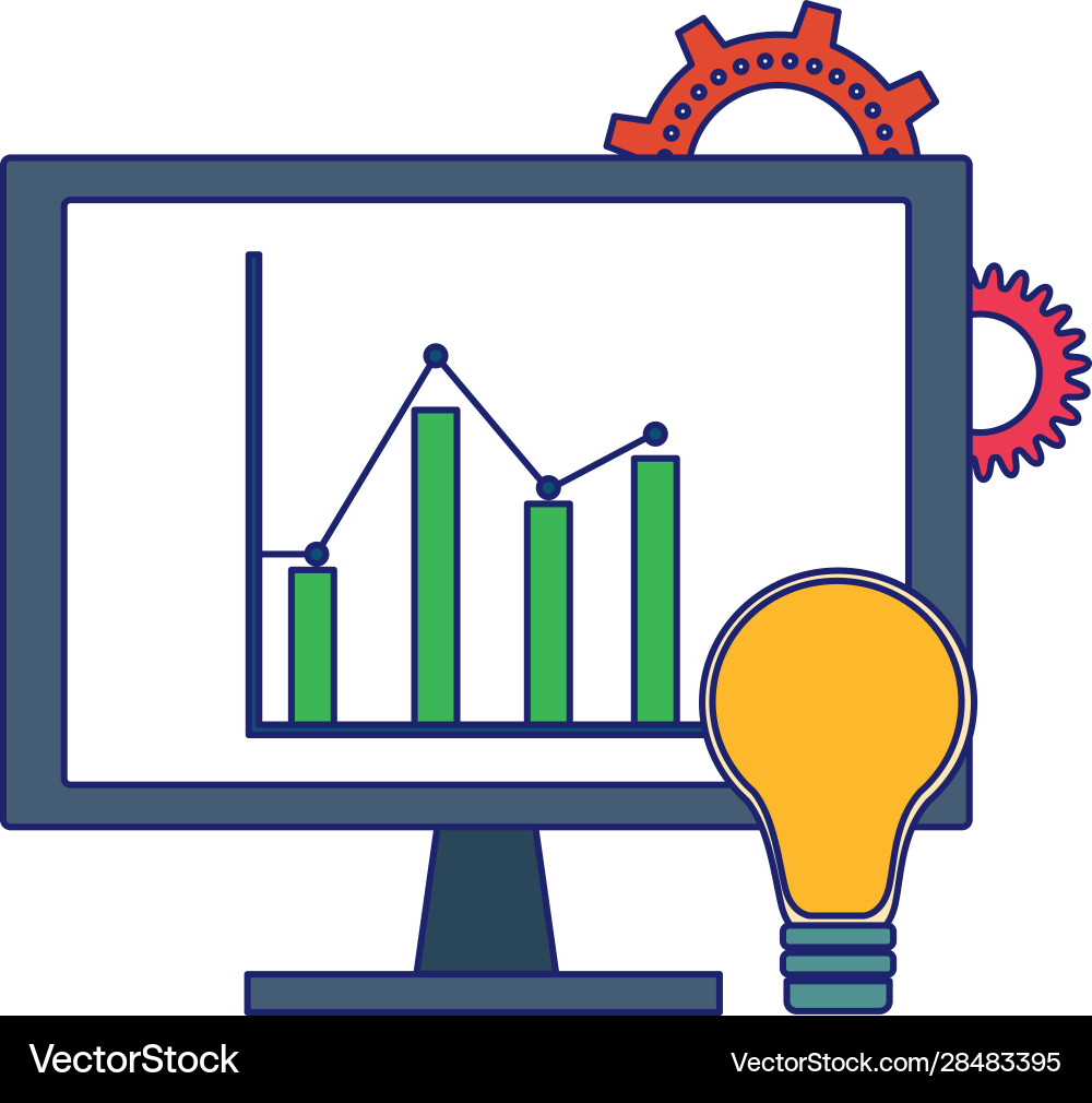 Bulb light and computer with graphic chart Bulb light and computer with graphic chart Vector Image