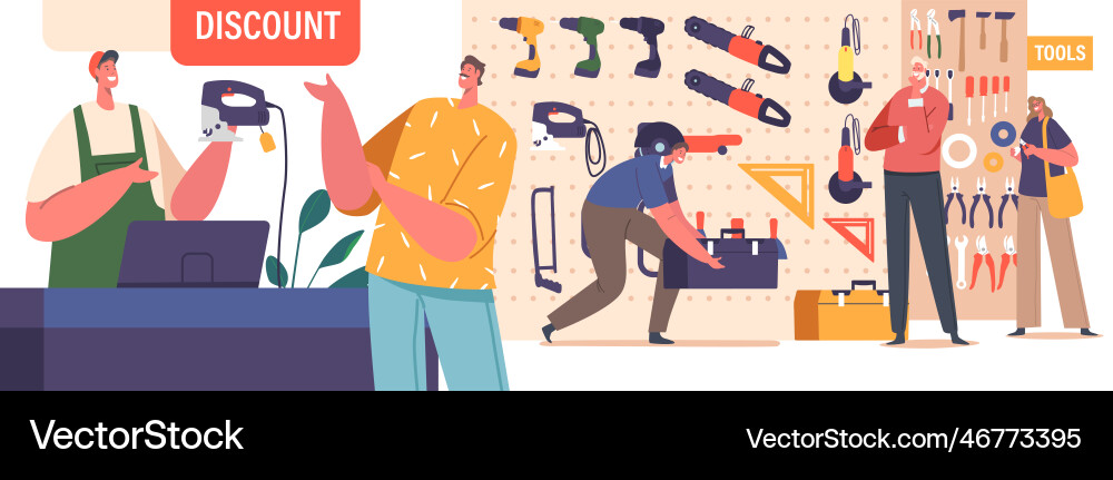 Characters browse the aisles of tool shop Characters browse the aisles of tool shop Vector Image