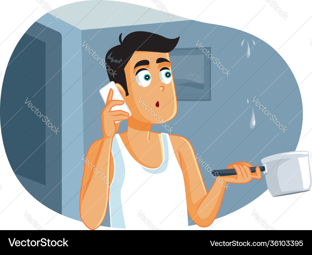 Man calling plumber while ceiling Man calling plumber while ceiling vector image