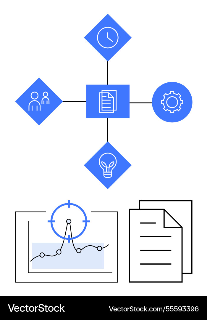 Workflow diagram with clock gear document graph Workflow diagram with clock gear document graph vector image