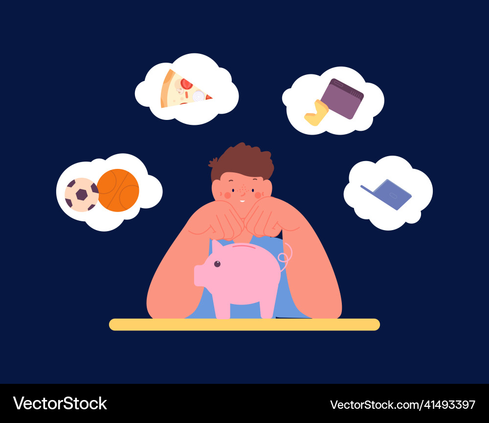 Boy dream with piggy bank child and finance home Boy dream with piggy bank child and finance home vector image