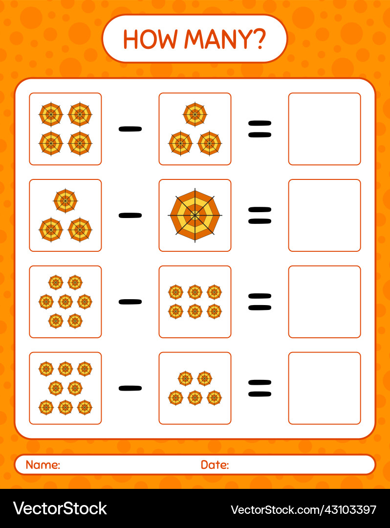 How many counting game with spider web worksheet Vector Image