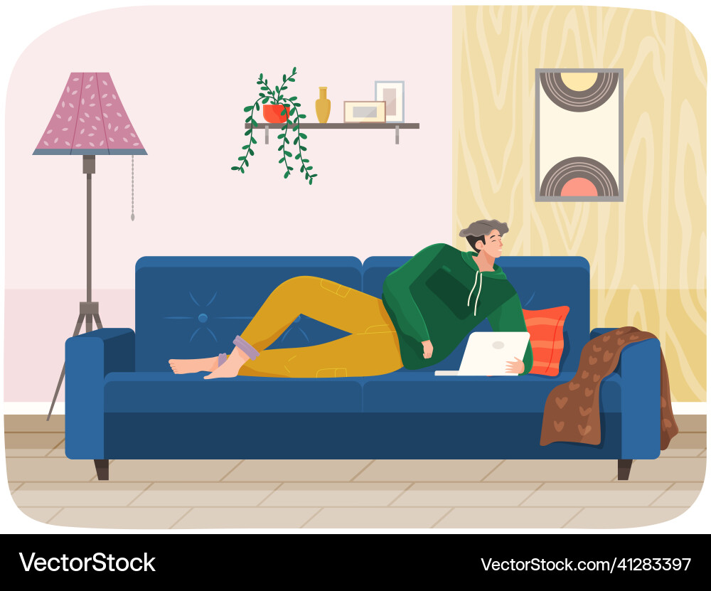 Man lying on couch with computer holding laptop Man lying on couch with computer holding laptop Vector Image