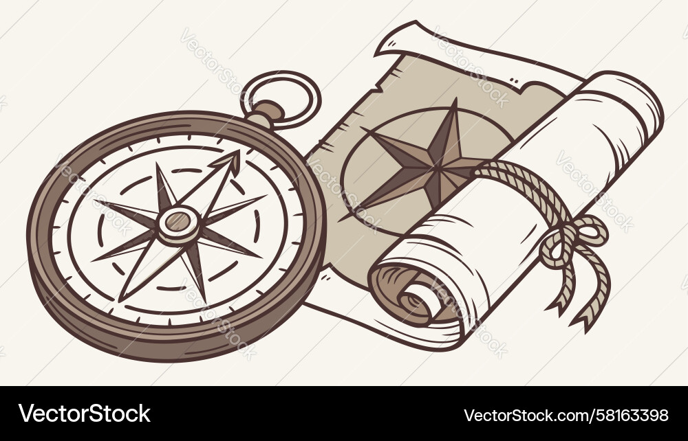 Compass and Rolled Map - Navigation Tools Vector Image