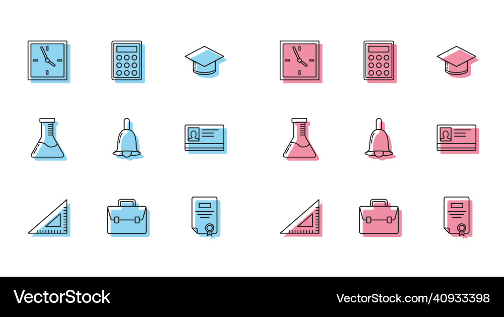 Set line triangular ruler briefcase clock Set line triangular ruler briefcase clock vector image