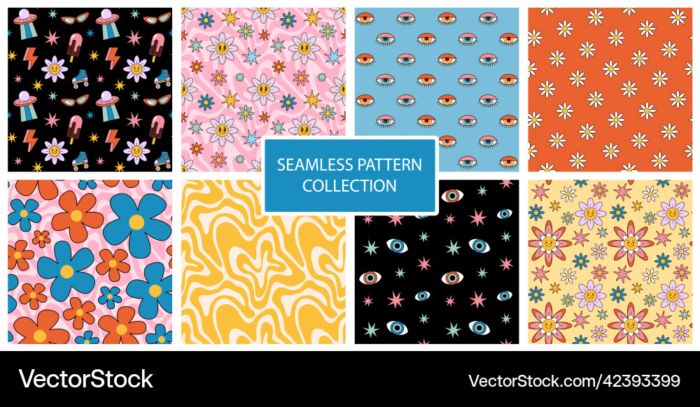 Big set of retro 1970 psychedelic seamless pattern Big set of retro 1970 psychedelic seamless pattern Vector Image