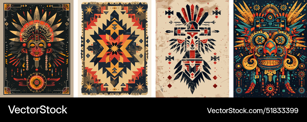 Ethnic decorated posters set ancient aztec tribal Ethnic decorated posters set ancient aztec tribal vector image