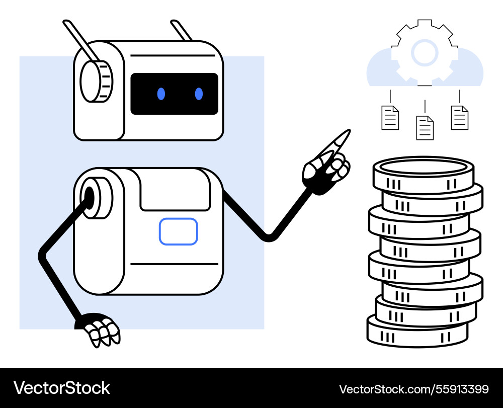 Robot demonstrating data processing with storage Robot demonstrating data processing with storage vector image