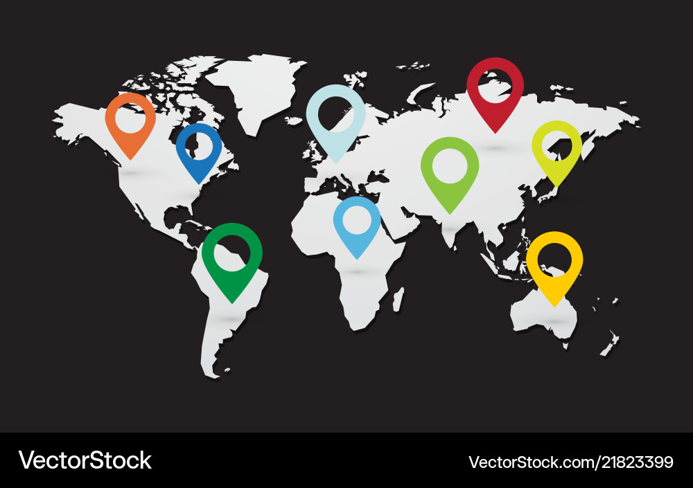 Set of colored map pointers with world Set of colored map pointers with world vector image