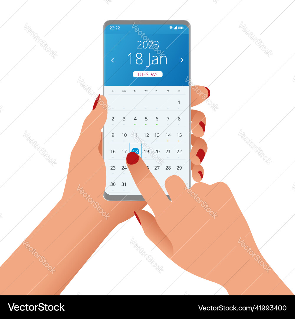 2023 calendar on application woman holding vector image