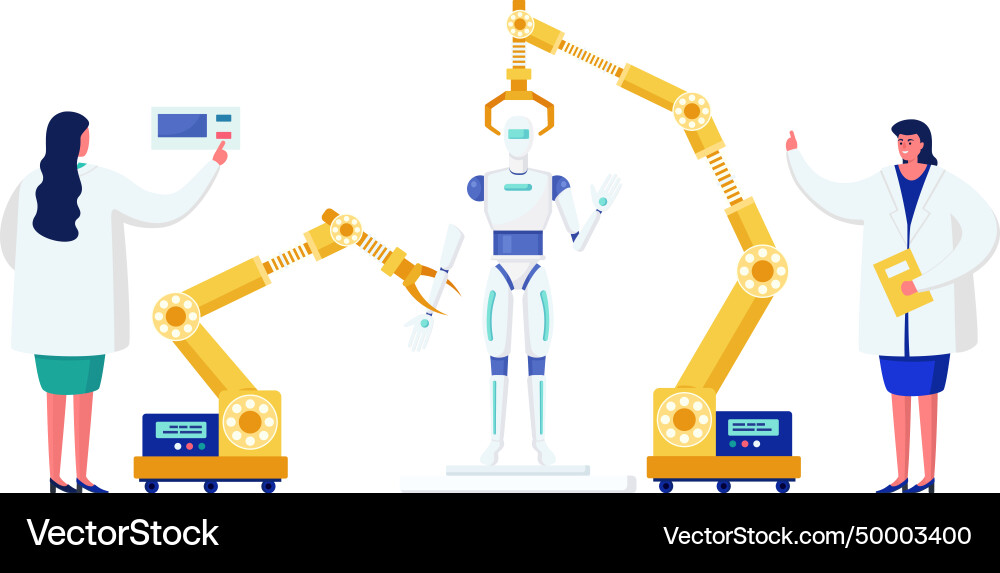 Female scientists programming humanoid robot Female scientists programming humanoid robot vector image