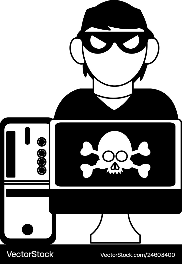 Hacker on computer in black and white Vector Image