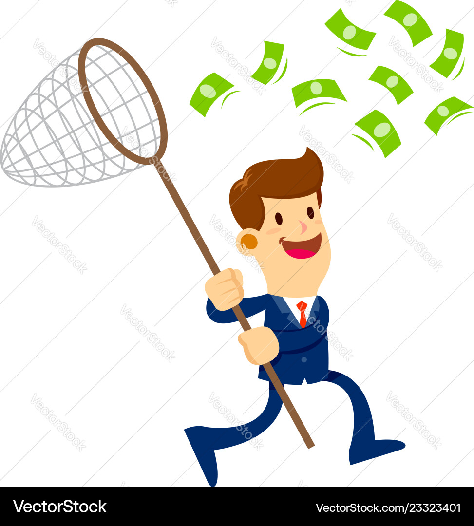 Businessman trying to catch money with a net Vector Image