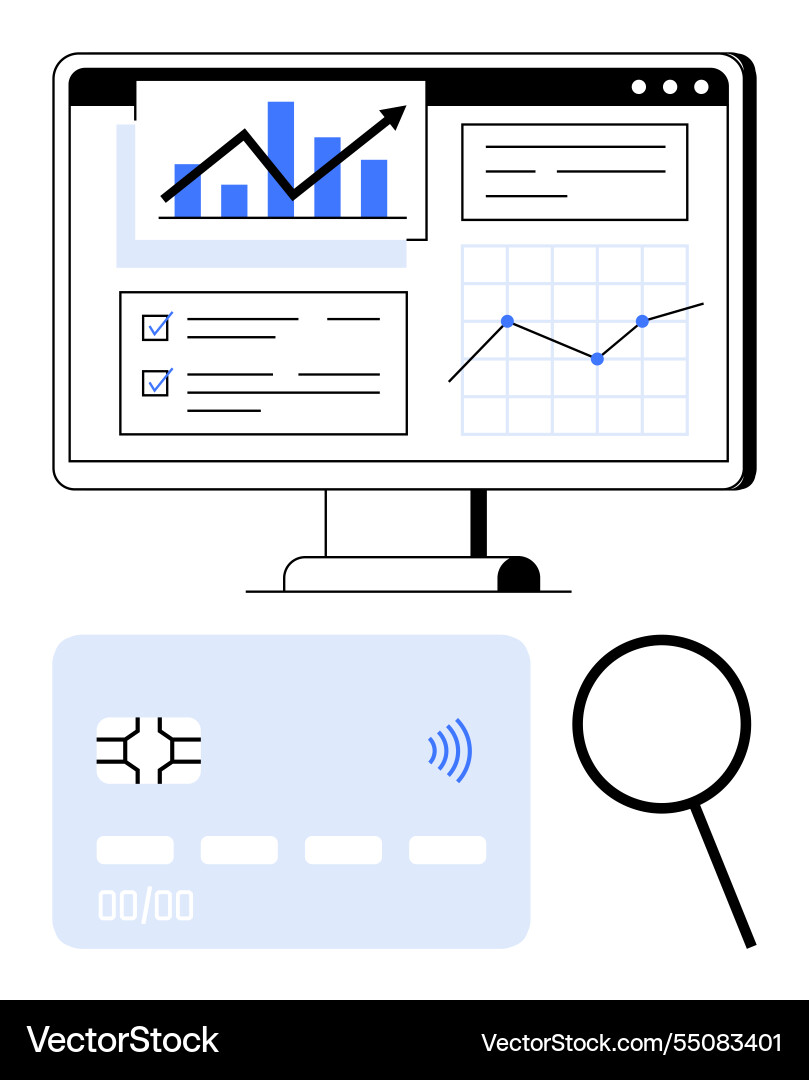 Data analysis with charts on a monitor magnifying Data analysis with charts on a monitor magnifying Vector Image