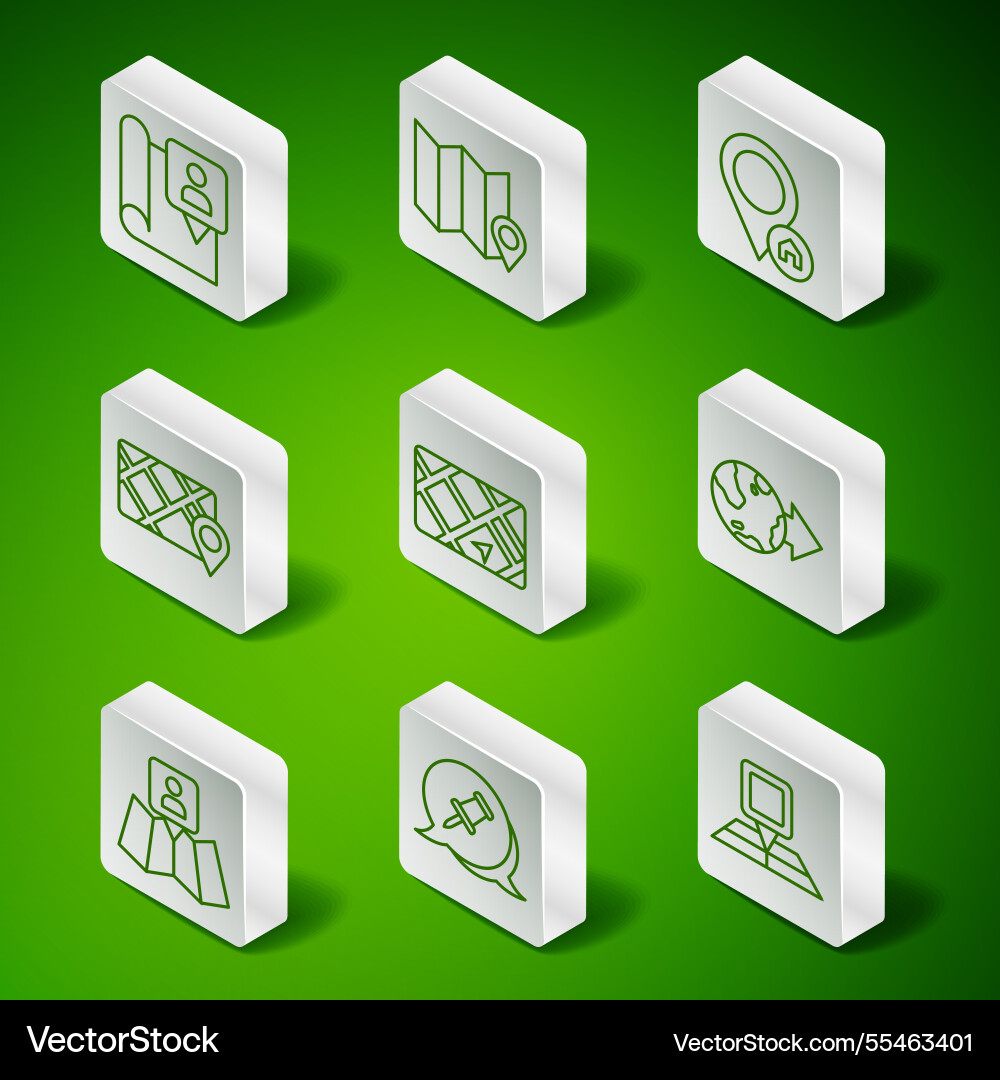Set line folded map with location marker push pin Set line folded map with location marker push pin vector image