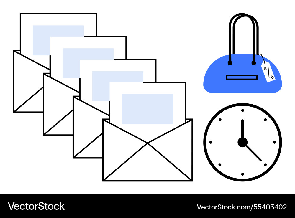 Emails handbag and clock representing time Emails handbag and clock representing time vector image