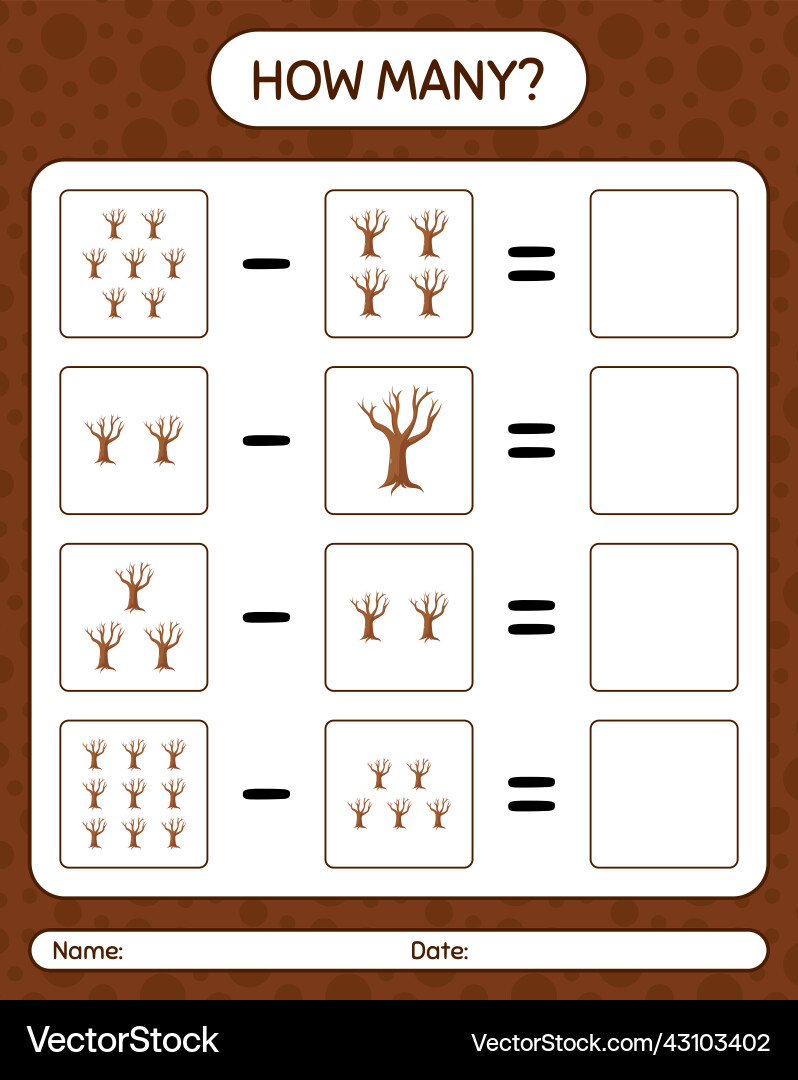 How many counting game with tree worksheet How many counting game with tree worksheet Vector Image