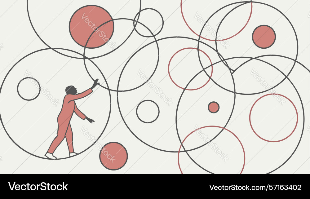 Man reaching for abstract floating circles design vector image