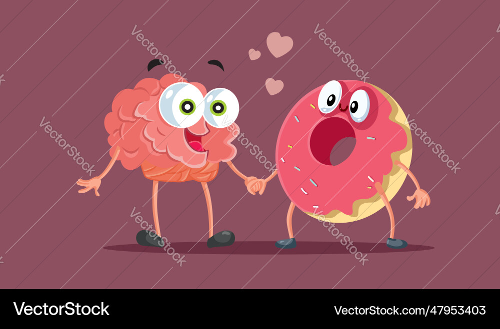 Glückliches Gehirn und Donut Charaktere gehen zusammen Glückliches Gehirn und Donut Charaktere gehen zusammen vektorbild