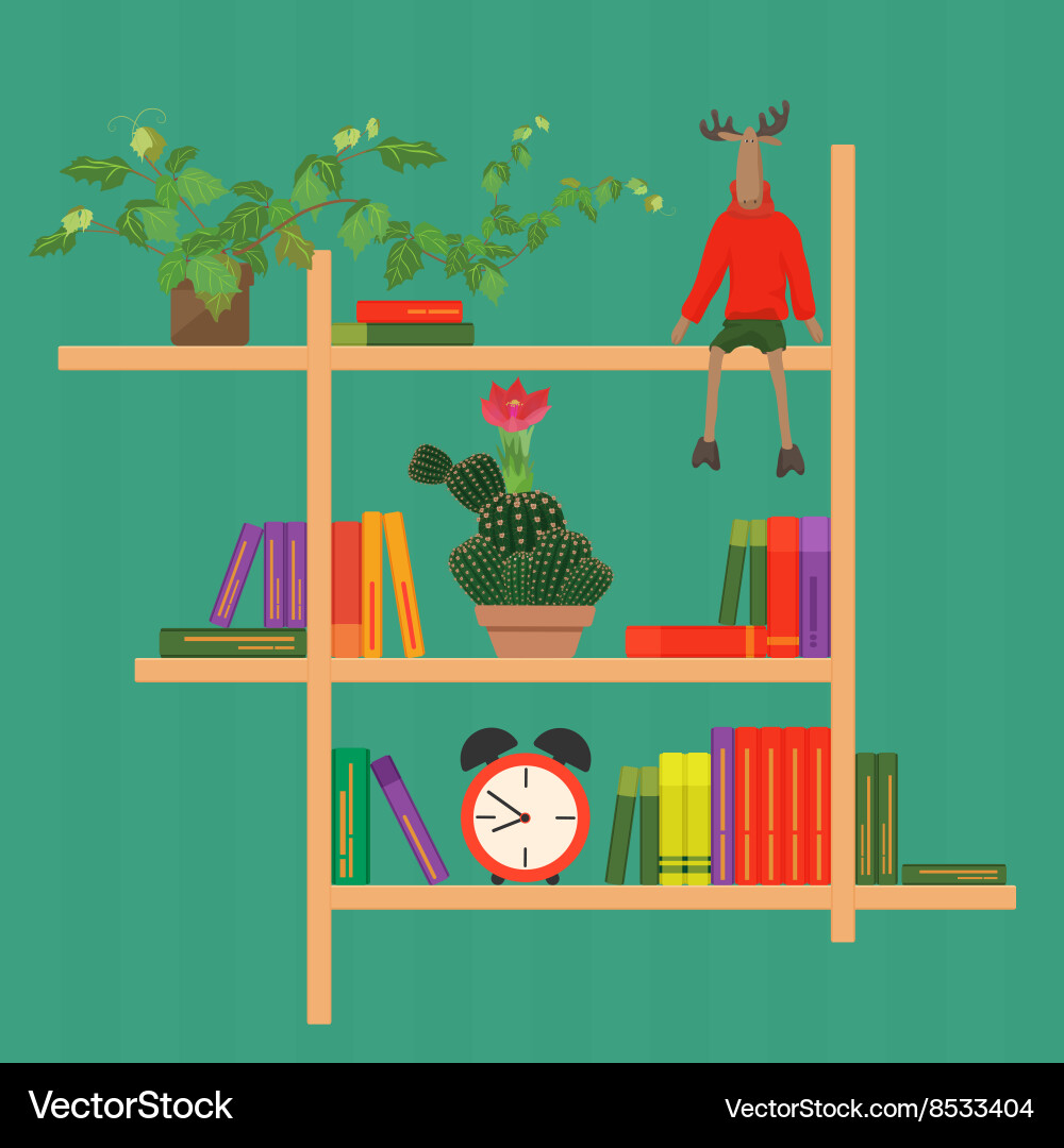 Colorful Bookshelf with Cactus and Clock vector image