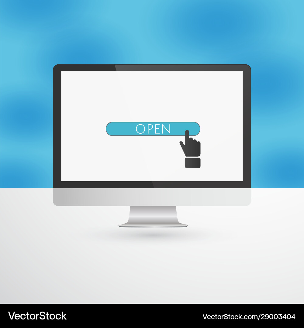 Computer monitor with blue open button and hand Vector Image