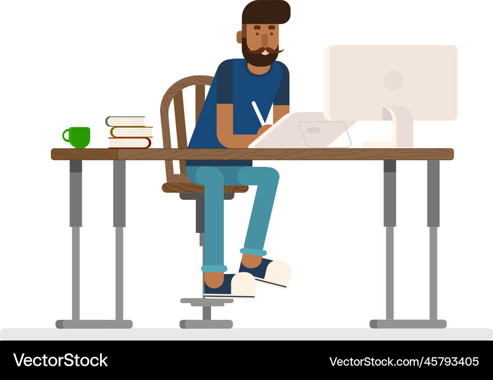 A hipster man working at the table on computer A hipster man working at the table on computer vector image