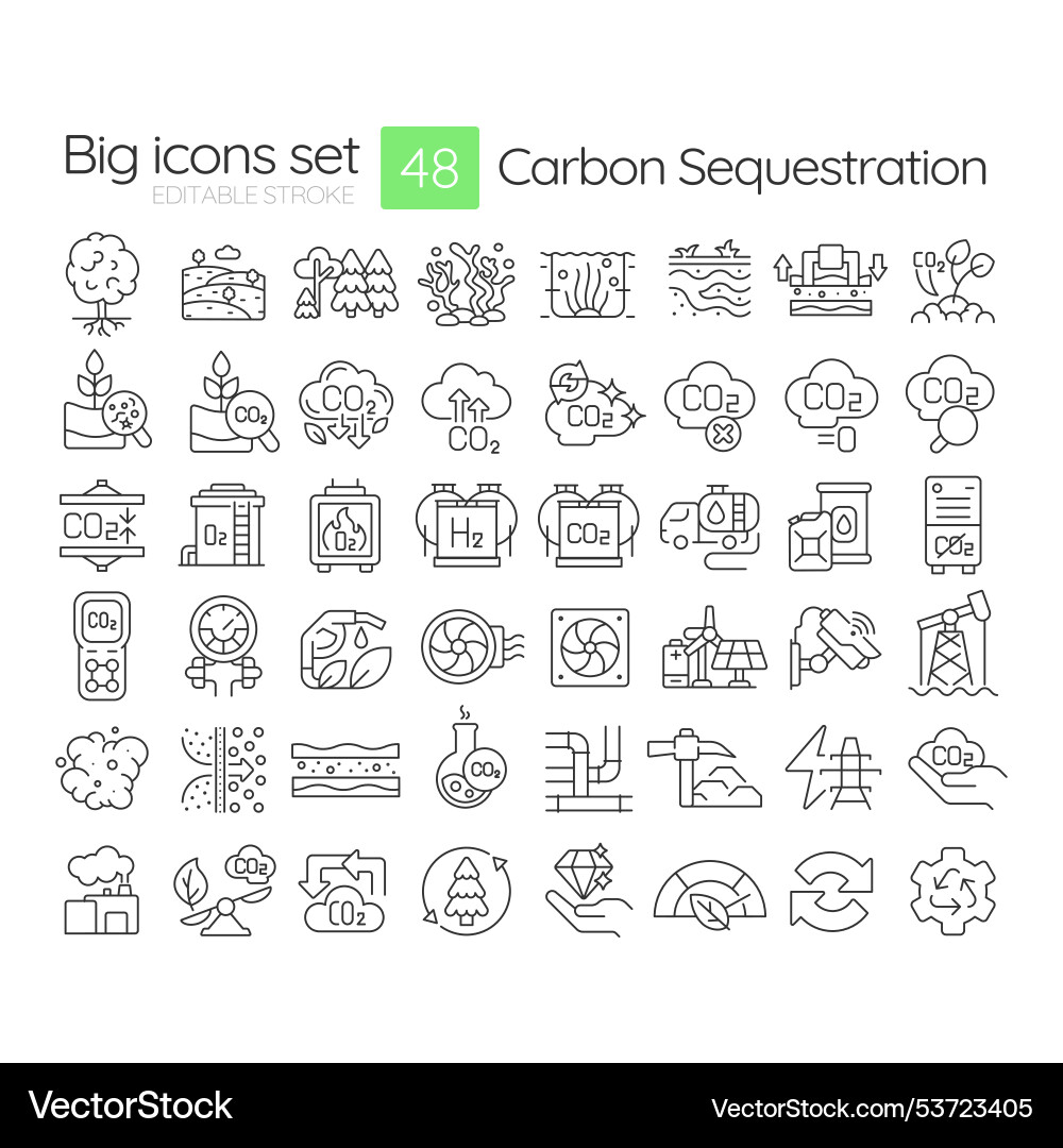 Carbon sequestration linear icons set Vector Image
