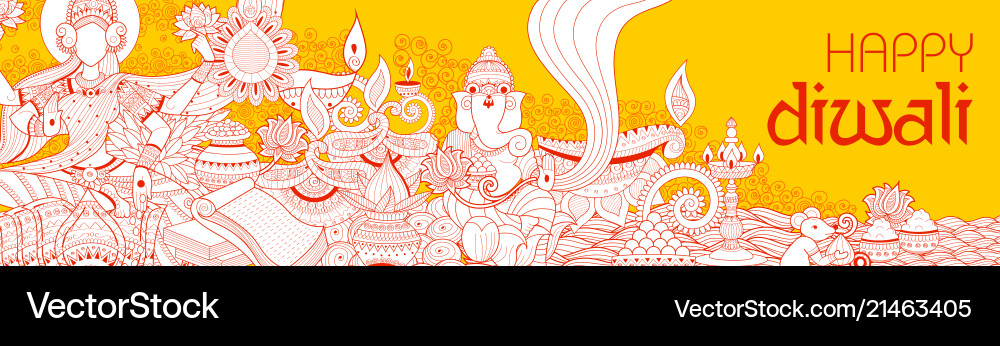 Diwali Lakshmi & Ganesha Feste Doodle Vektorbild