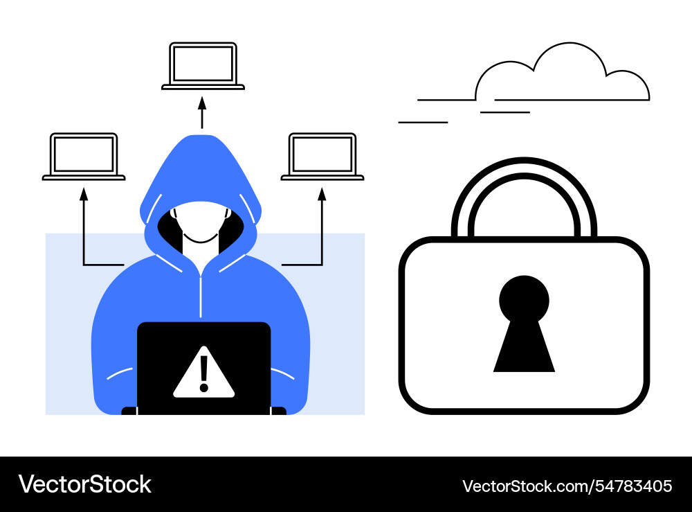 Hacker in hooded jacket accessing multiple laptops Hacker in hooded jacket accessing multiple laptops vector image