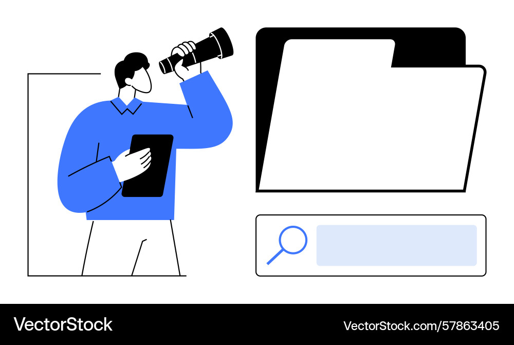 Person with telescope exploring data files Vector Image
