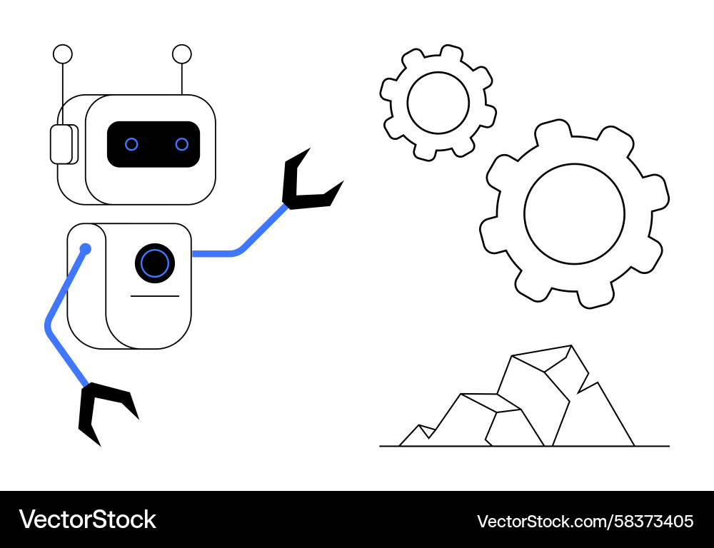 Robot Examining Gears and Rocks Vector Image