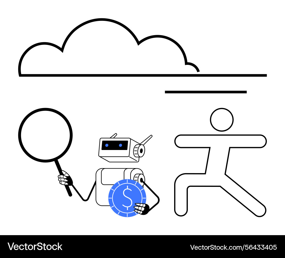 Robot with magnifying glass and coin analyzes data Robot with magnifying glass and coin analyzes data vector image