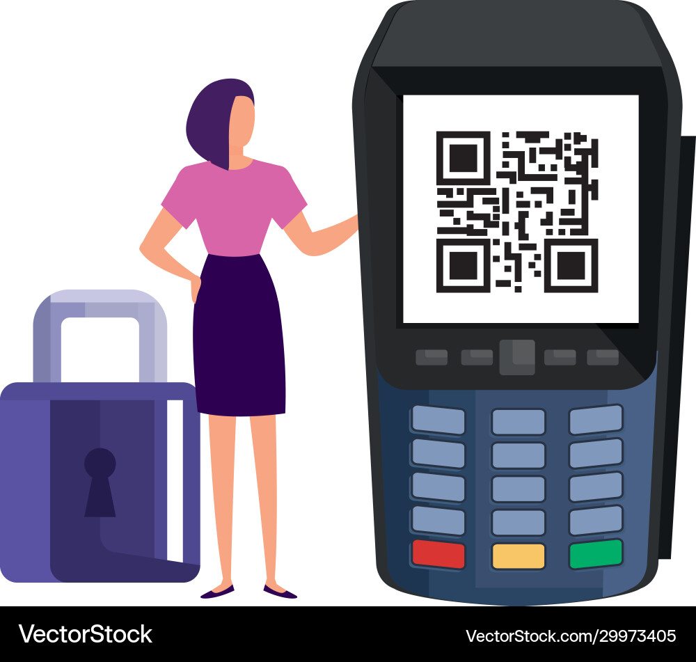 Scan code qr in dataphone with businesswoman Vector Image