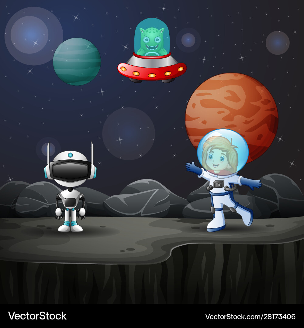 Astronaut girl and robot in space Vector Image
