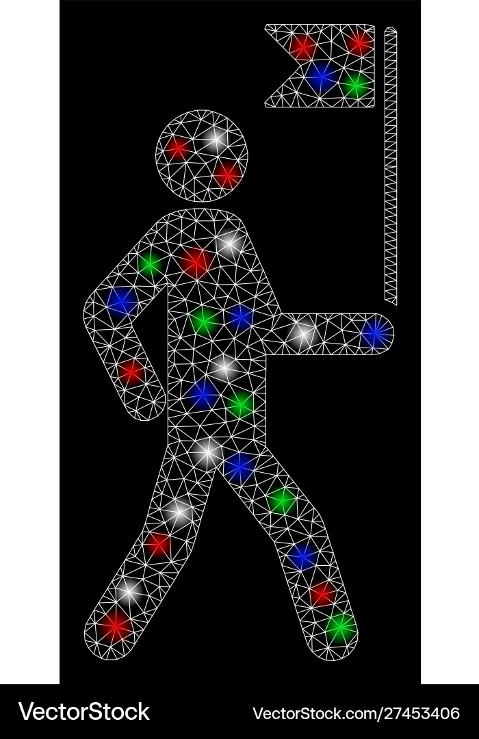 Bright mesh network guide man with flag light vector image