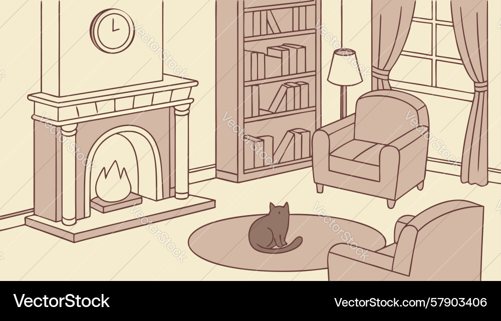 Classic fireplace setting with cat and bookshelf vector image
