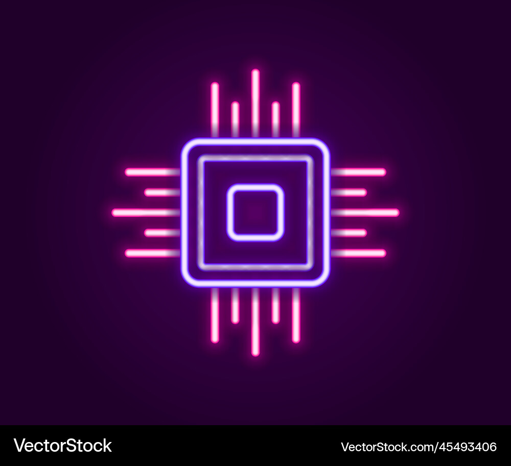 Glowing neon line computer processor Glowing neon line computer processor Vector Image
