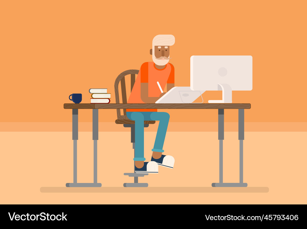 Hipster man working at the table on computer Hipster man working at the table on computer vector image