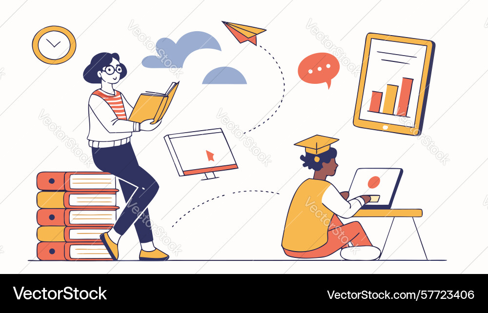 Students studying with tech and books symbolizing vector image