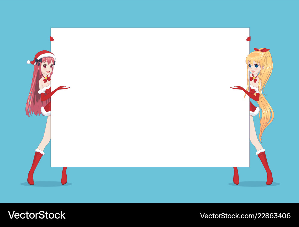 Two anime manga woman looks out from behind poster Two anime manga woman looks out from behind poster vector image