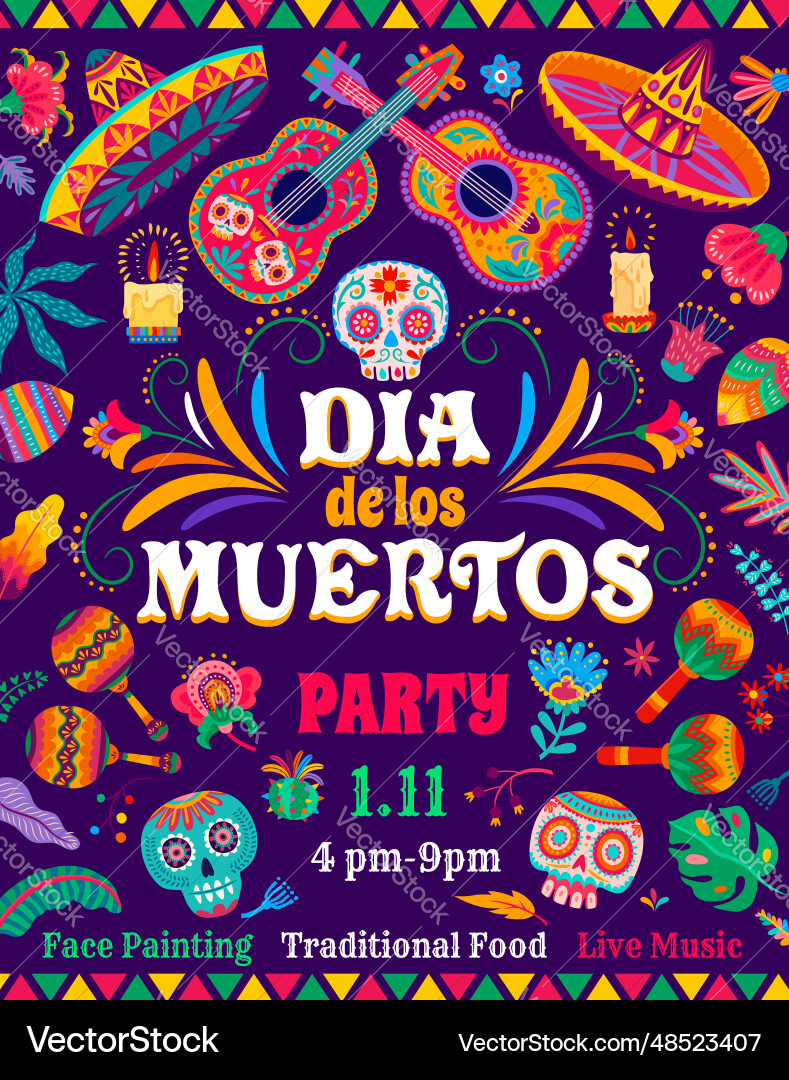 Day of dead skulls mexican holiday party flyer Day of dead skulls mexican holiday party flyer vector image