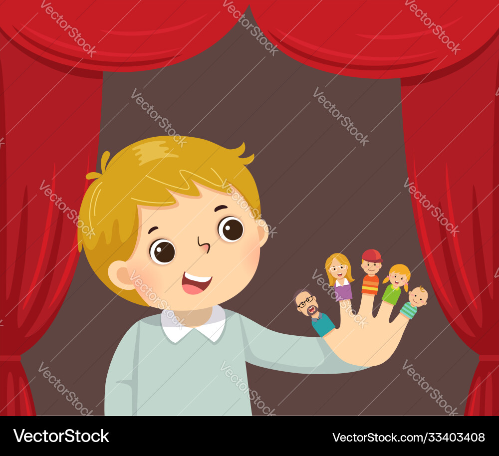 Boy playing family finger puppets Boy playing family finger puppets vector image