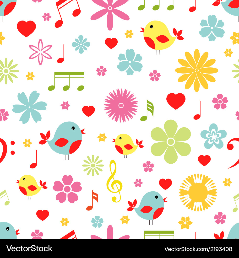 Floral Birds & Music Notes Pattern Vector Image