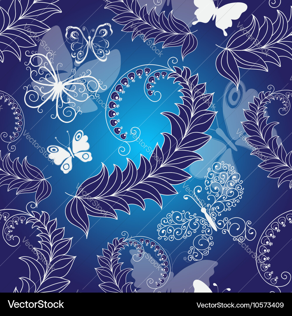 Dark Blue Floral Seamless Pattern with Butterflies Vector Image