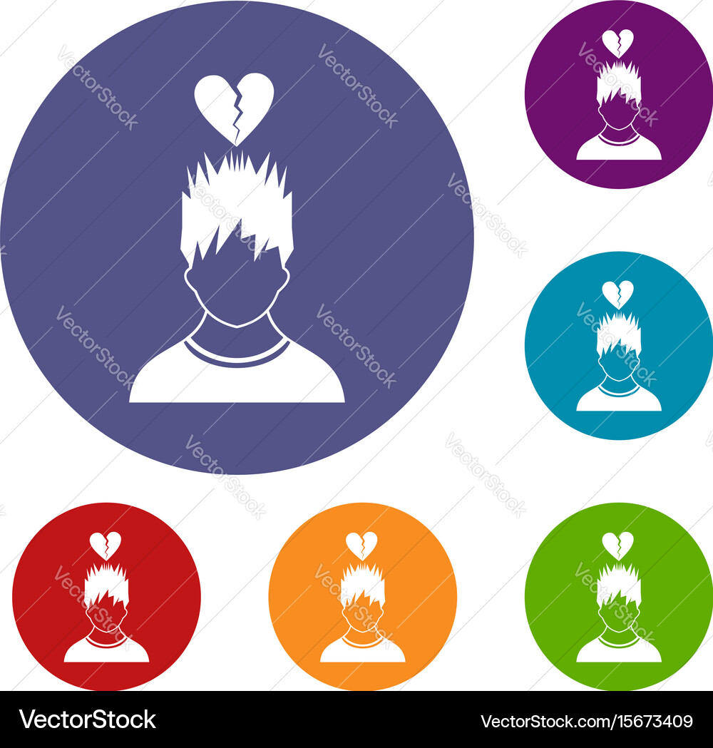 Man with broken red heart over head icons set vector image