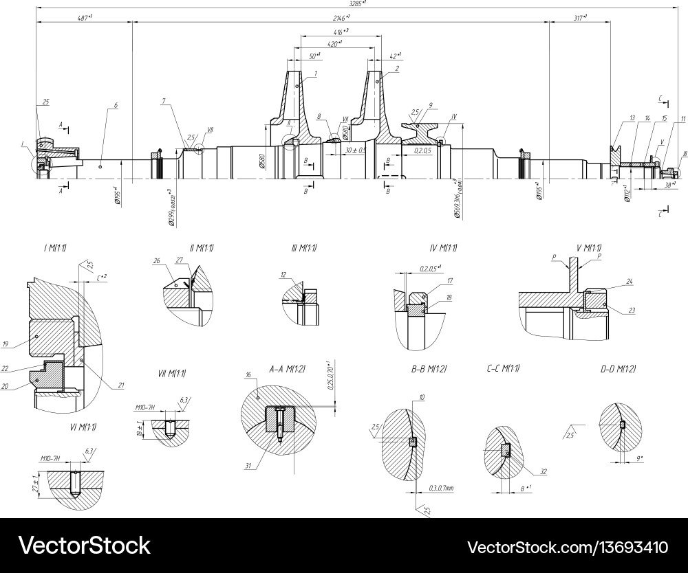 Engineering drawing of components Royalty Free Vector Image