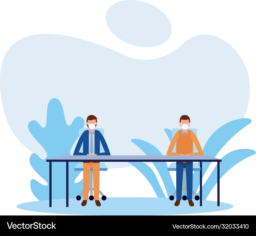 Office distancing between men with masks on table Vector Image